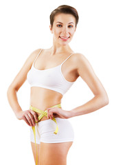 Fototapeta premium friendly cute girl in white with yellow measure