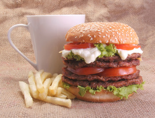 Burger, french fries and cup