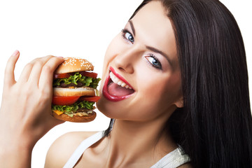 happy cute woman eating hamburger