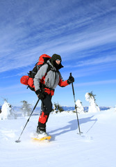 Winter hiking in snowshoes.