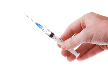 Hand with syringe isolated on white background.
