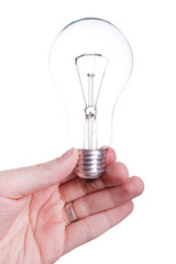 Bulb (lamp) in hand, isolated on white