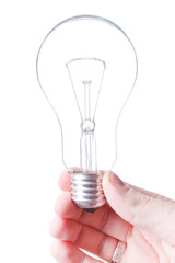 Bulb (lamp) in hand, isolated on white