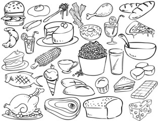 illustration of foods and beverages in doodle style