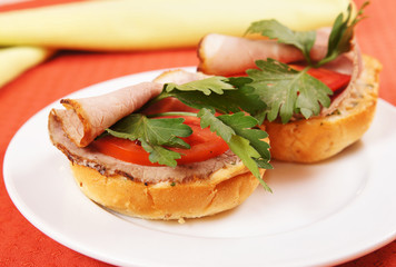 Pair of sandwiches with ham and tomatoes on a white plate
