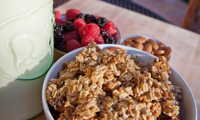 Granola, Berries and Milk Healthy Breakfast