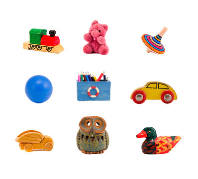assorted toys collection isolated on white background