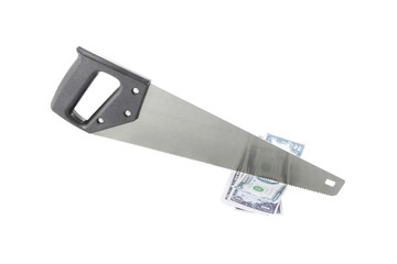 Saw black plastic handle cut cash on white background.