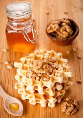 Healthy breakfast: waffles, nuts and honey