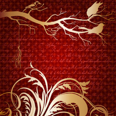 Red luxury background with tree branch and birds silhouettes