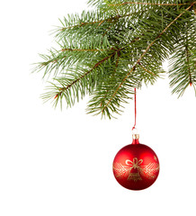 Red bauble on green christmas firtree on white background 