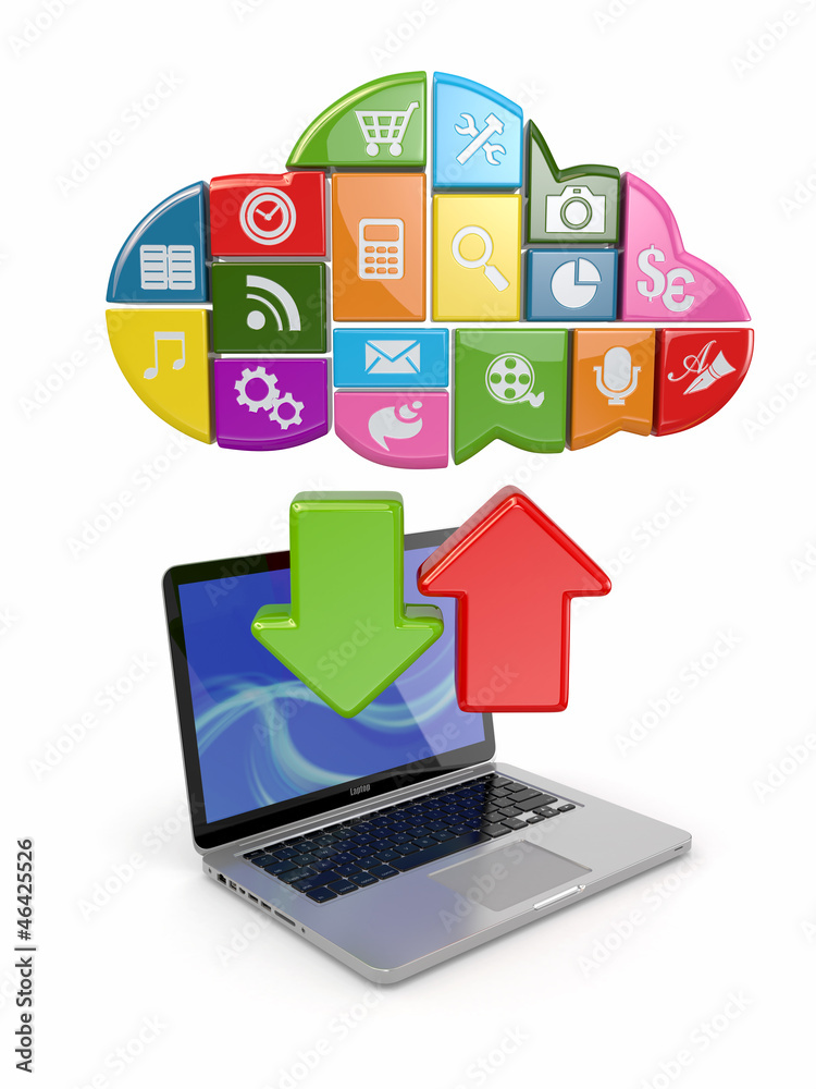Poster Cloud computing. Laptop and icons software.