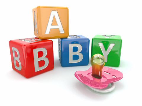 Baby from alphabetical blocks and dummy