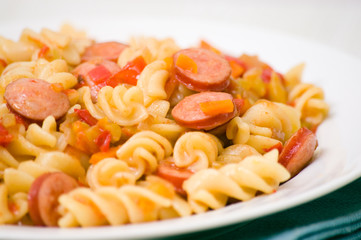 Fusilli pasta with smoked sausage and vegetables