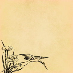 Illustration of flying bird with flower on old paper