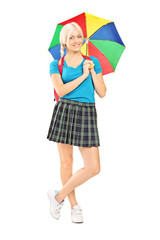 Female student holding an umbrella