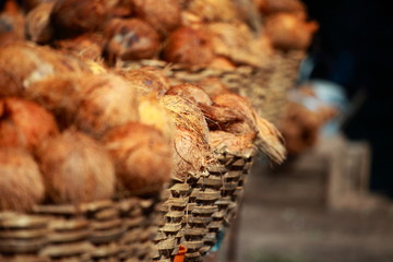 Tasty organic coconuts at local market in India