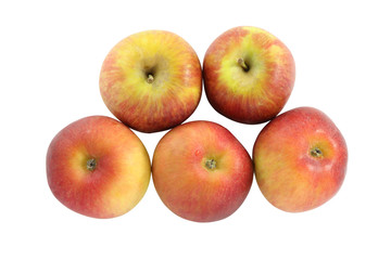 Top of five red apple on white background.