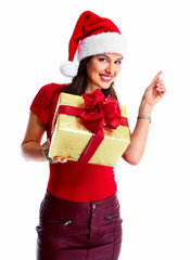 Christmas santa woman with gift.