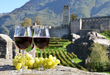 Pair of wineglasses and grapes. Bellinzona, Switzerland