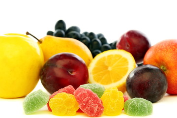 Colorful jelly and fresh fruit.