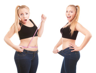 Before and after a diet, girl surprised by measuring waist - obrazy, fototapety, plakaty