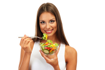 beautiful young woman with  salad, isolated on white