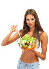 beautiful young woman with salad, isolated on white