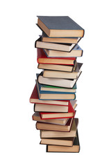 High stack of different books