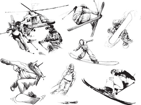 winter sports collection - skiers and snowboarders