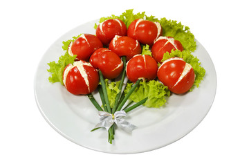 Plate of salad, onion and tomatoes isolated on white