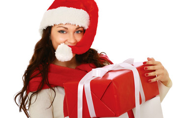 Close-up of smiling woman with gift isolated on white background