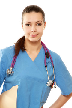 Young doctor with stethoscope and clipboard isolated