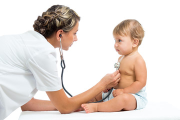 doctor examining baby girl isolated on white background