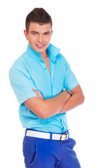 Portrait of handsome man posing on white background in blue clot