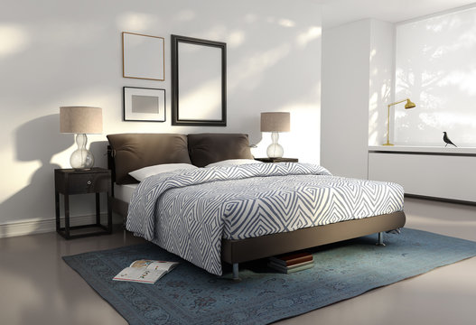Contemporary elegant, white shiny atmospheric bedroom
