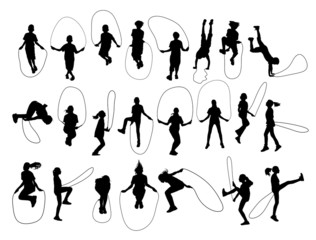 Vector set of children playing with a jumping rope