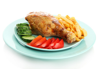 Roast chicken with french fries and vegetables