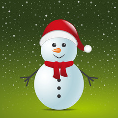 snowman with scarf hat green snow background