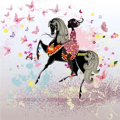 Zelfklevend Fotobehang Mooi meisje rijdt op een paard © Aloksa