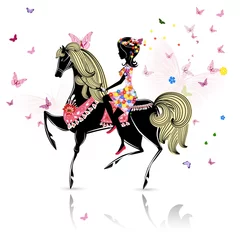 Abwaschbare Fototapete Blumen Frau Schönes Mädchen, das ein Pferd reitet