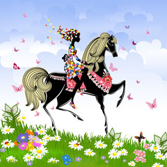 Schönes Mädchen, das ein Pferd reitet
