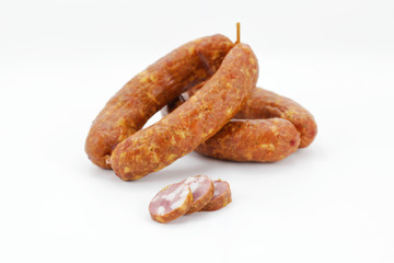 Sausages from Slovenia, cut on white background isolated