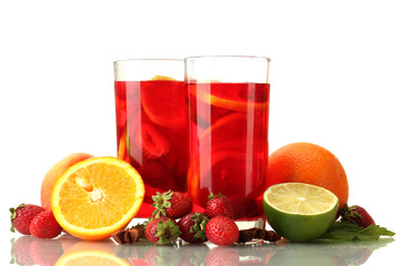 sangria in glasses with fruits, isolated on white