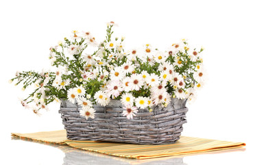 beautiful bouquet of white flowers in basket isolated on white