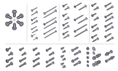 screws, nuts and nails in isometric view