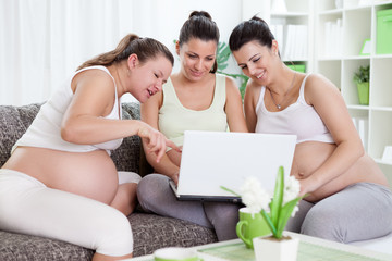 Obraz na płótnie Canvas Trzy kobiety w ciąży szuka w laptopie