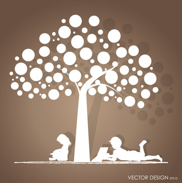 Vector background with children read a book under tree. Vector I