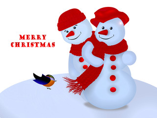 снеговики и птичка поздравляют с Рождеством