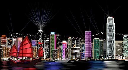 Poster Im Rahmen Vektor-Illustration von Hongkong bei Nacht © Isaxar